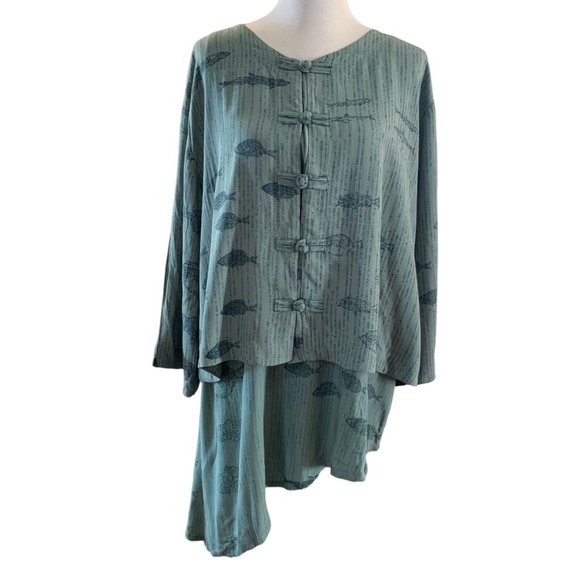 Endless Knot Art Tops - ENDLESS KNOT ART Green Fish Layered 2 Pc Asymmetrical Sleeveless & Jacket Tunic